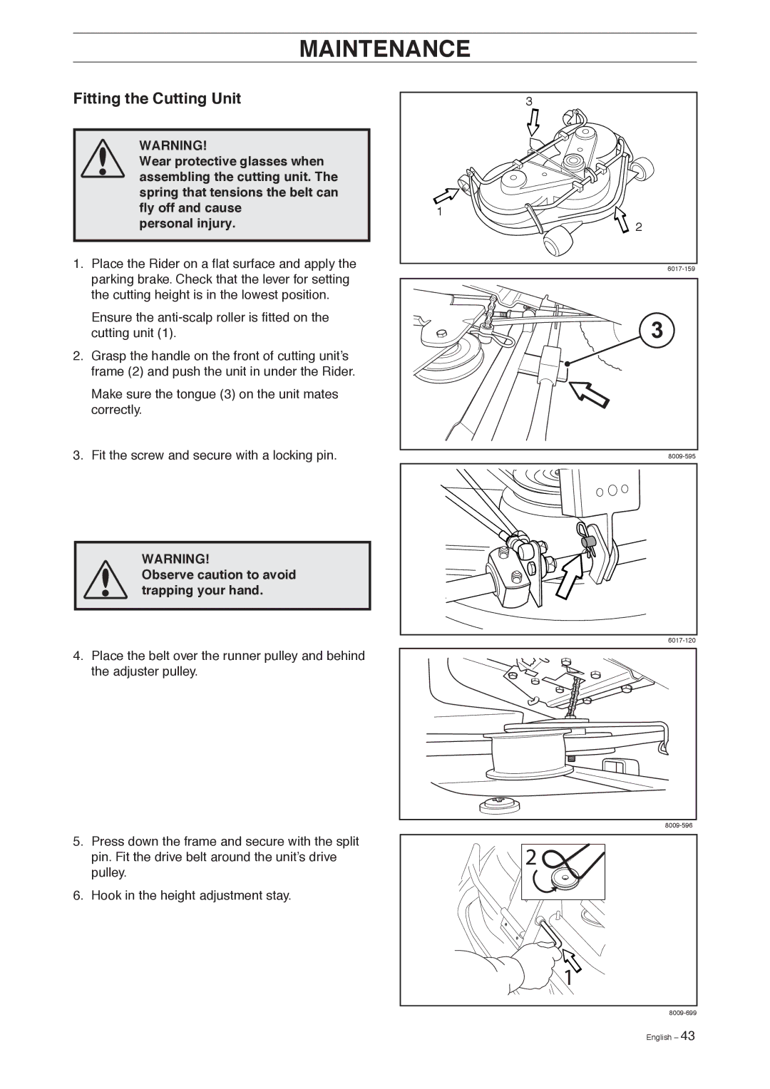 Husqvarna Pro 18 AWD manual Fitting the Cutting Unit, Observe caution to avoid trapping your hand 