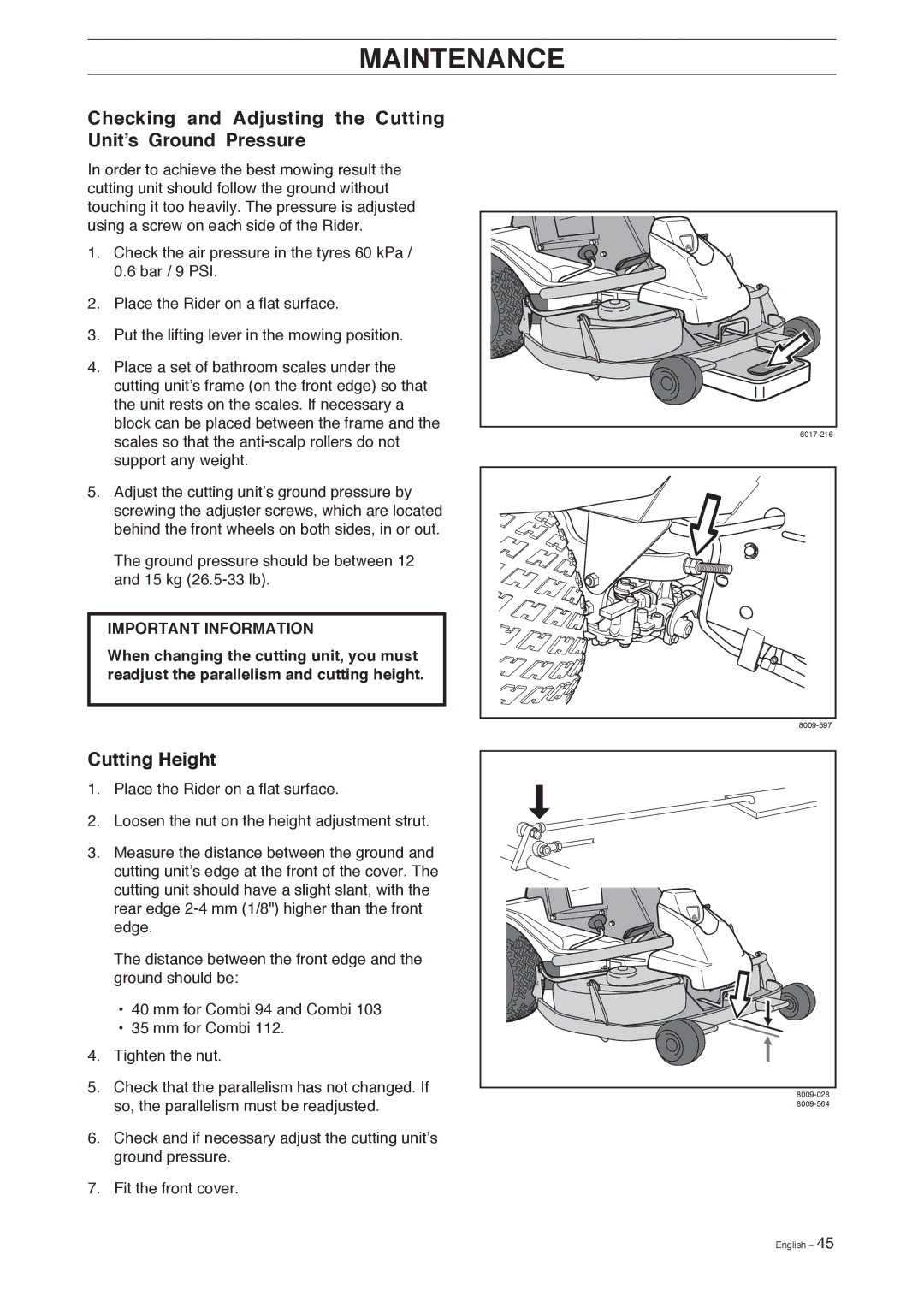 Husqvarna Pro 18 AWD manual Checking and Adjusting the Cutting Unit’s Ground Pressure, Cutting Height 