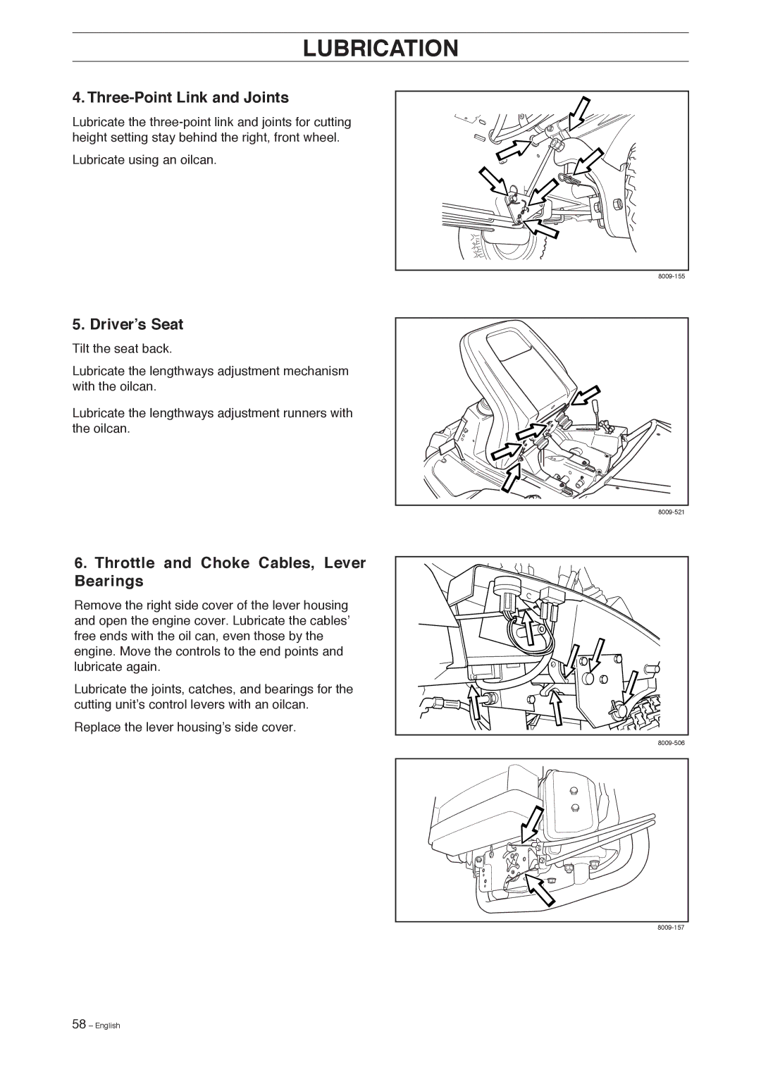 Husqvarna Pro 18 AWD manual Three-Point Link and Joints, Driver’s Seat, Throttle and Choke Cables, Lever Bearings 