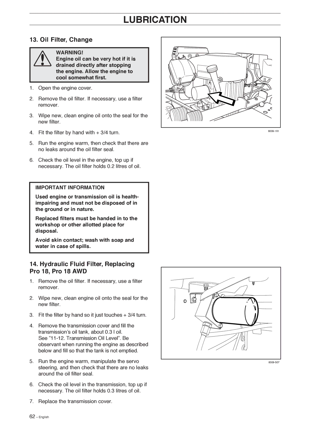 Husqvarna manual Oil Filter, Change, Hydraulic Fluid Filter, Replacing Pro 18, Pro 18 AWD 