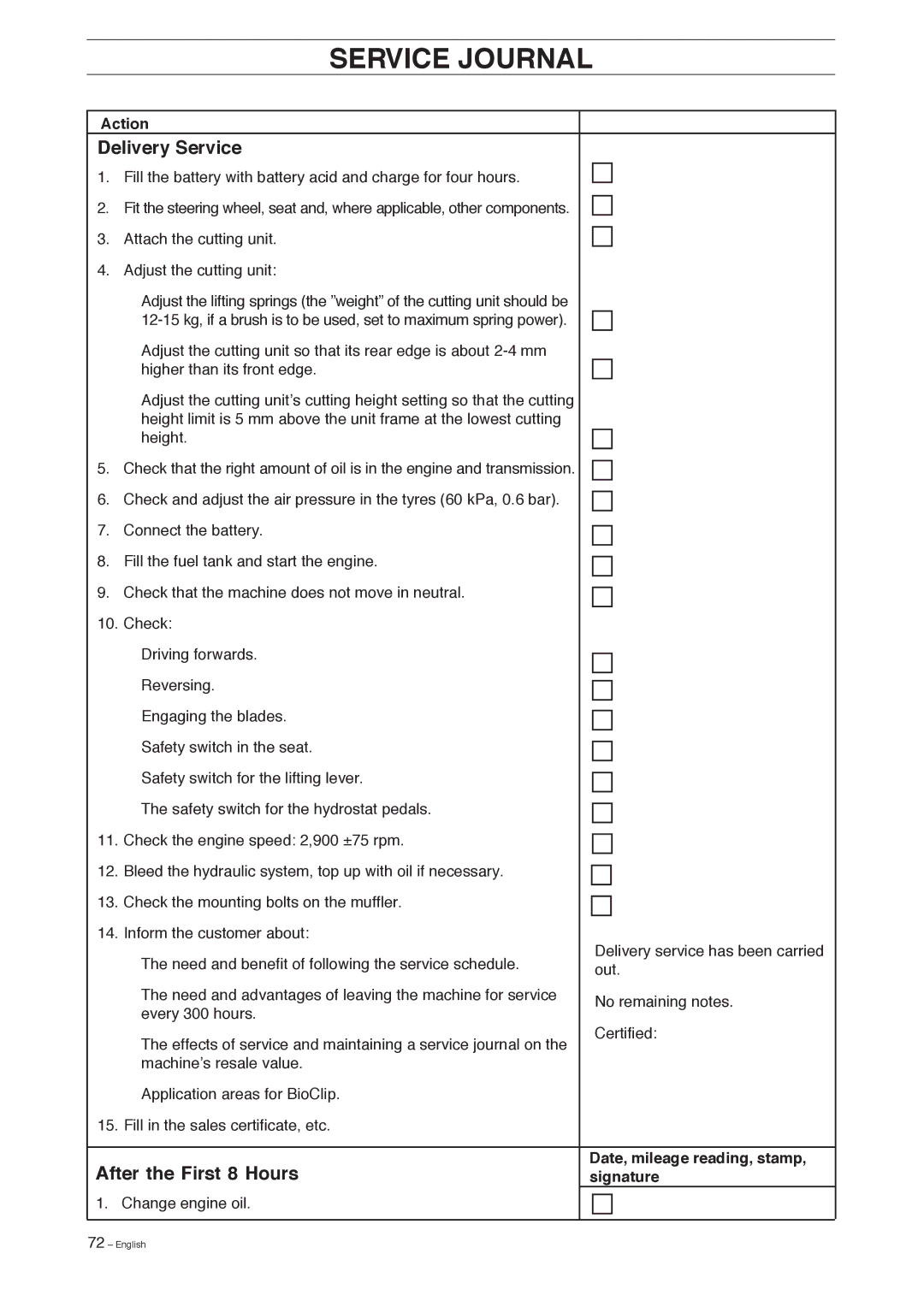 Husqvarna Pro 18 AWD manual Service Journal, Delivery Service, After the First 8 Hours 