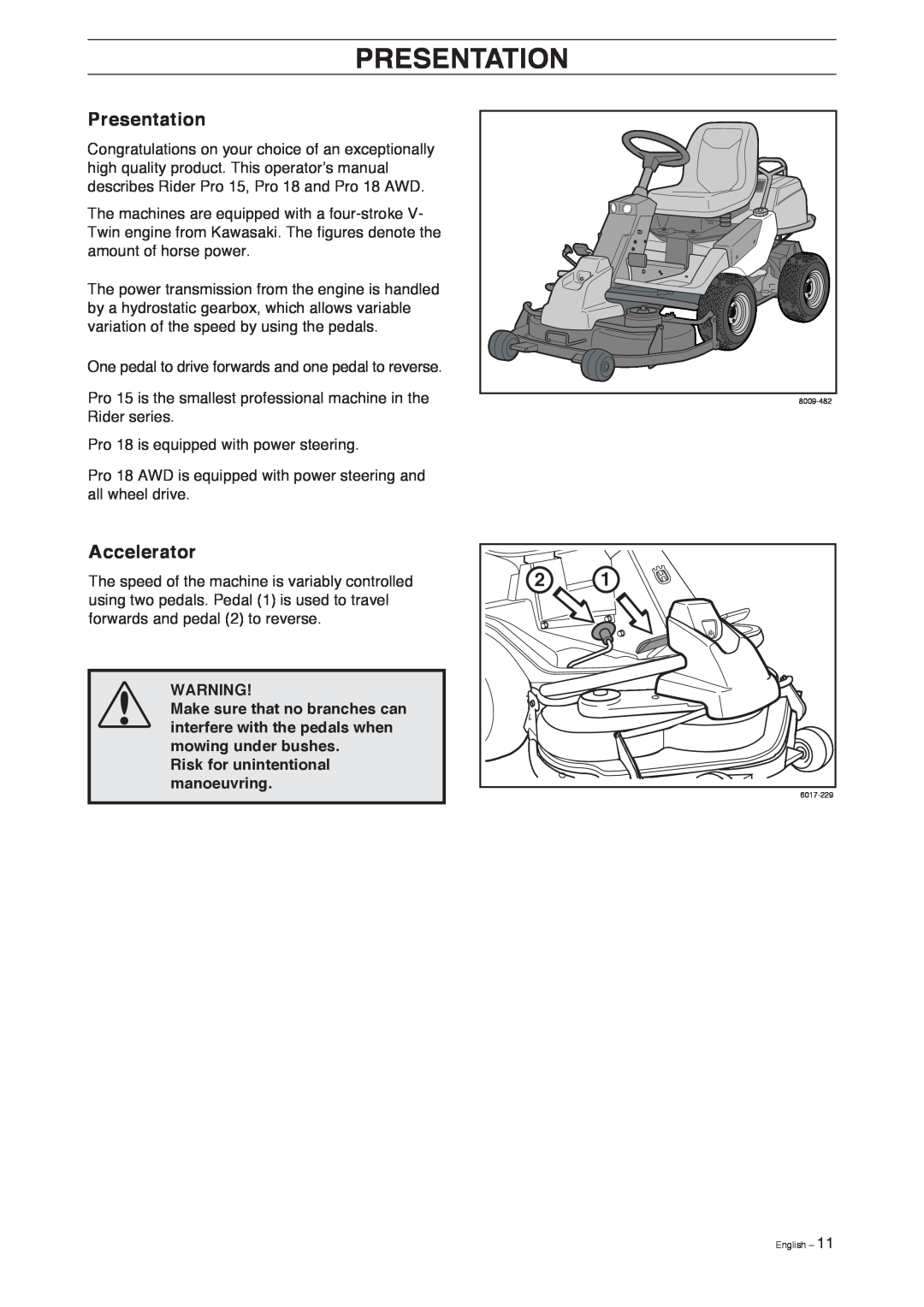 Husqvarna Pro 18 AWD manual Presentation, Accelerator 