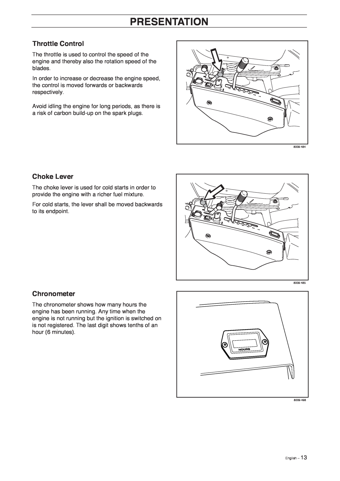 Husqvarna Pro 18 AWD manual Throttle Control, Choke Lever, Chronometer, Presentation 