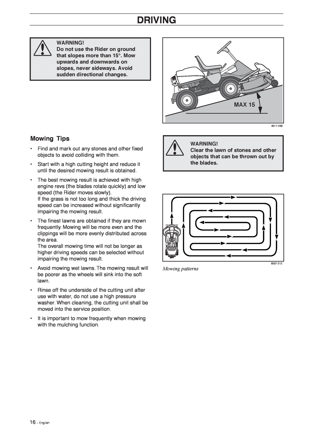 Husqvarna Pro 18 AWD manual Driving, Mowing Tips, Mowing patterns 
