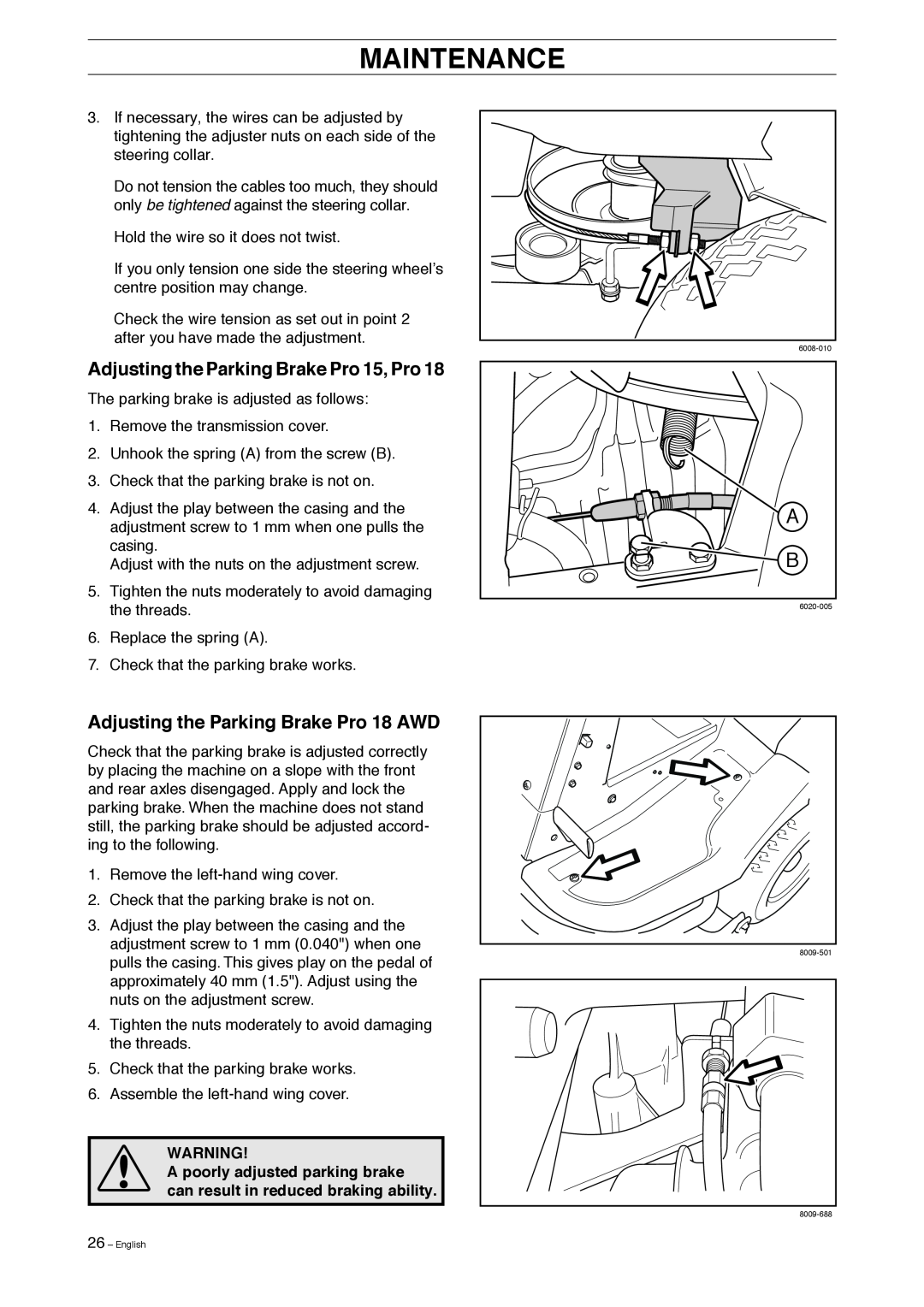 Husqvarna manual Adjusting the Parking Brake Pro 15, Pro, Adjusting the Parking Brake Pro 18 AWD, Maintenance 