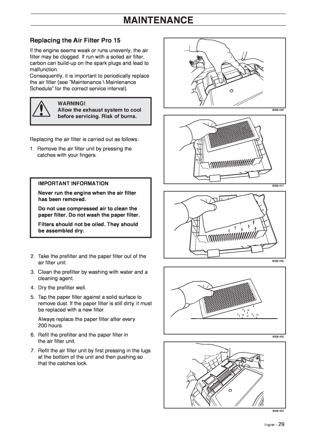 Husqvarna Pro 18 AWD manual Replacing the Air Filter Pro, Maintenance 