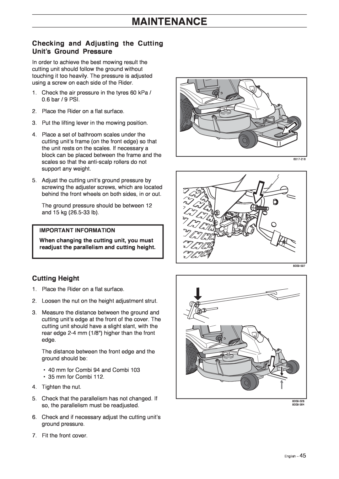 Husqvarna Pro 18 AWD manual Cutting Height, Maintenance, Important Information 