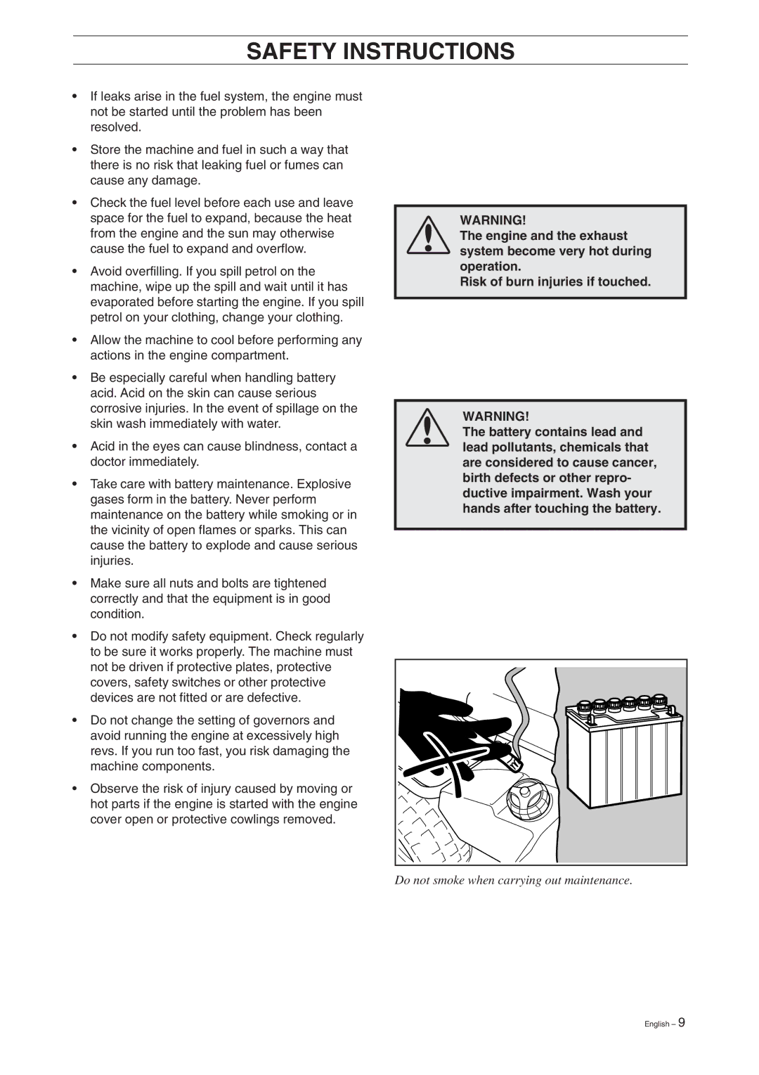 Husqvarna Pro 18 manual Do not smoke when carrying out maintenance 