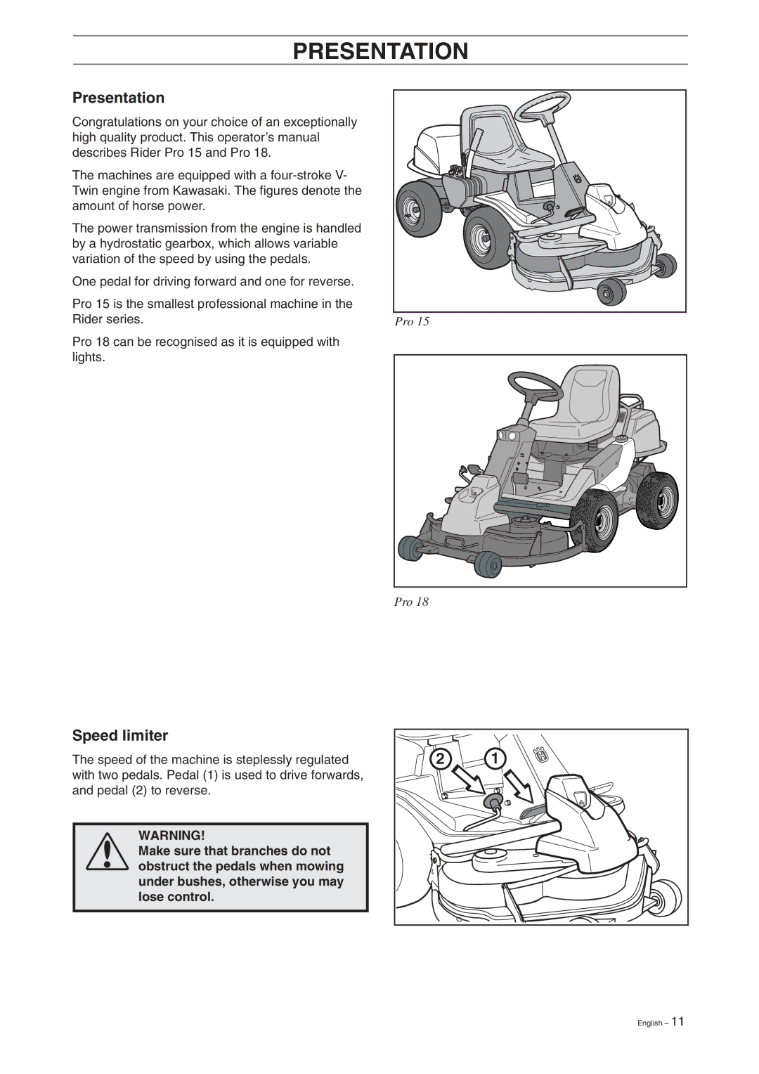 Husqvarna Pro 18 manual Presentation, Speed limiter 