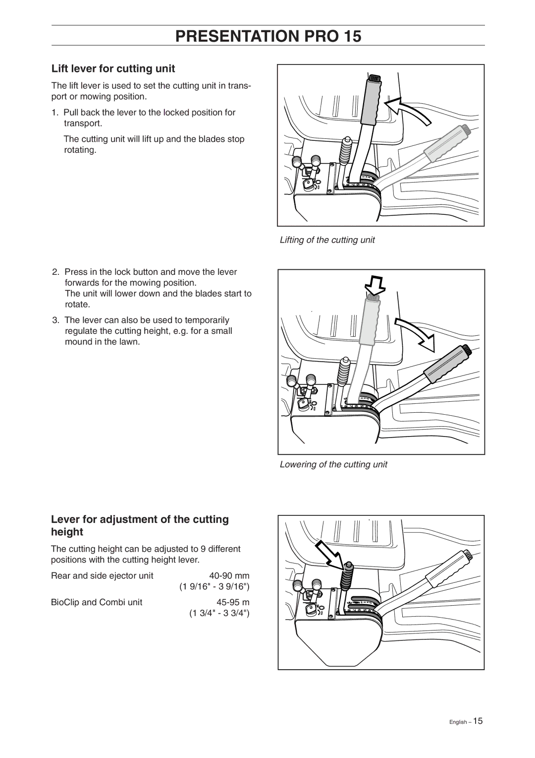 Husqvarna Pro 18 manual Lift lever for cutting unit, Lever for adjustment of the cutting height 