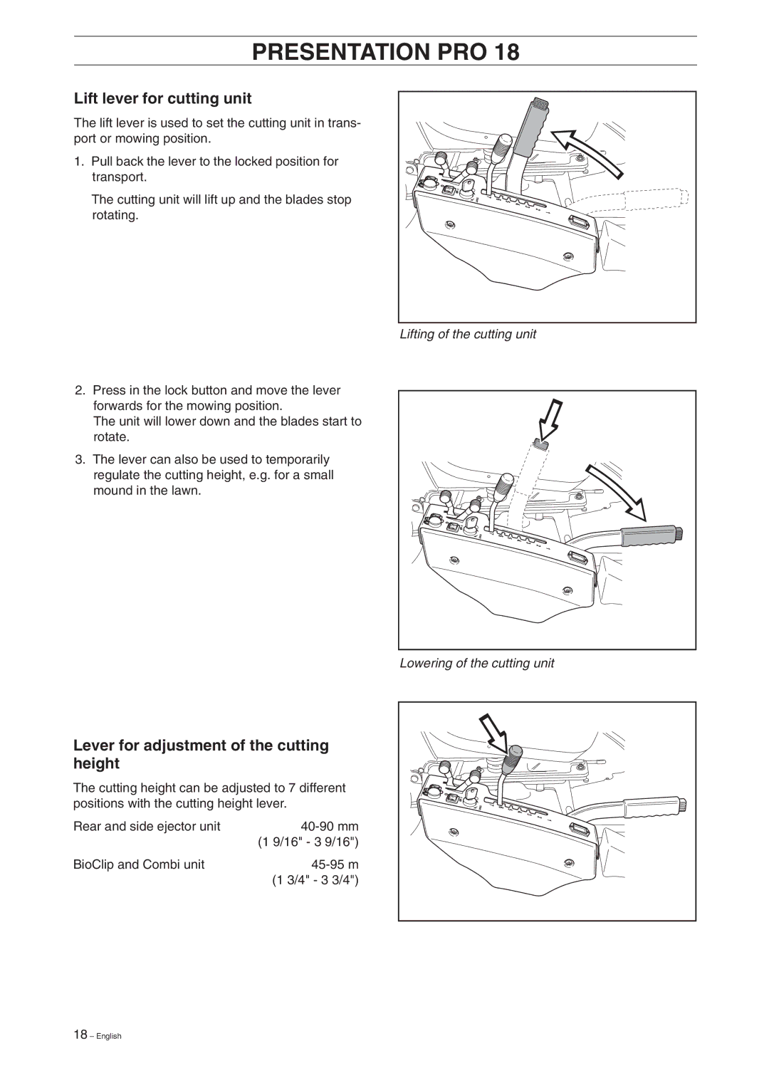 Husqvarna Pro 18 manual Lift lever for cutting unit 