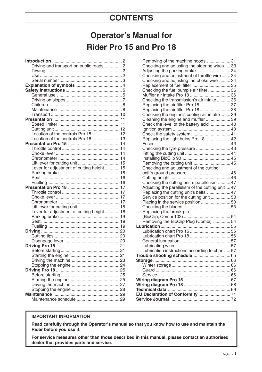 Husqvarna Pro 18 manual Contents 