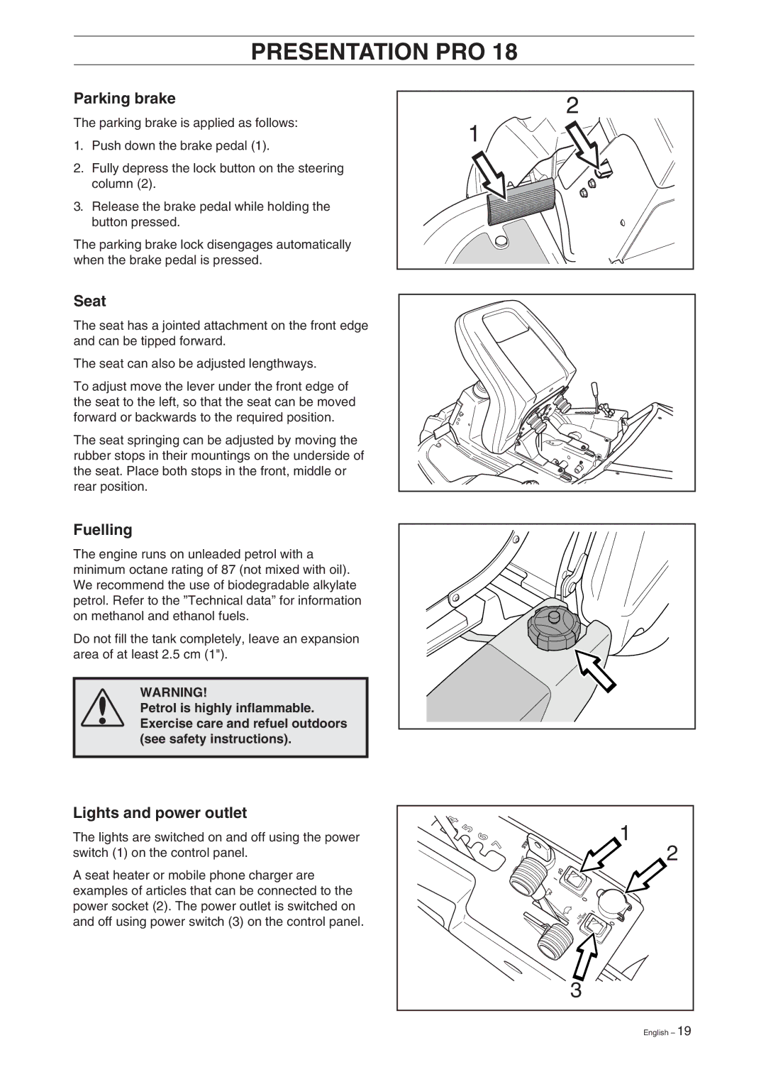 Husqvarna Pro 18 manual Parking brake, Lights and power outlet 