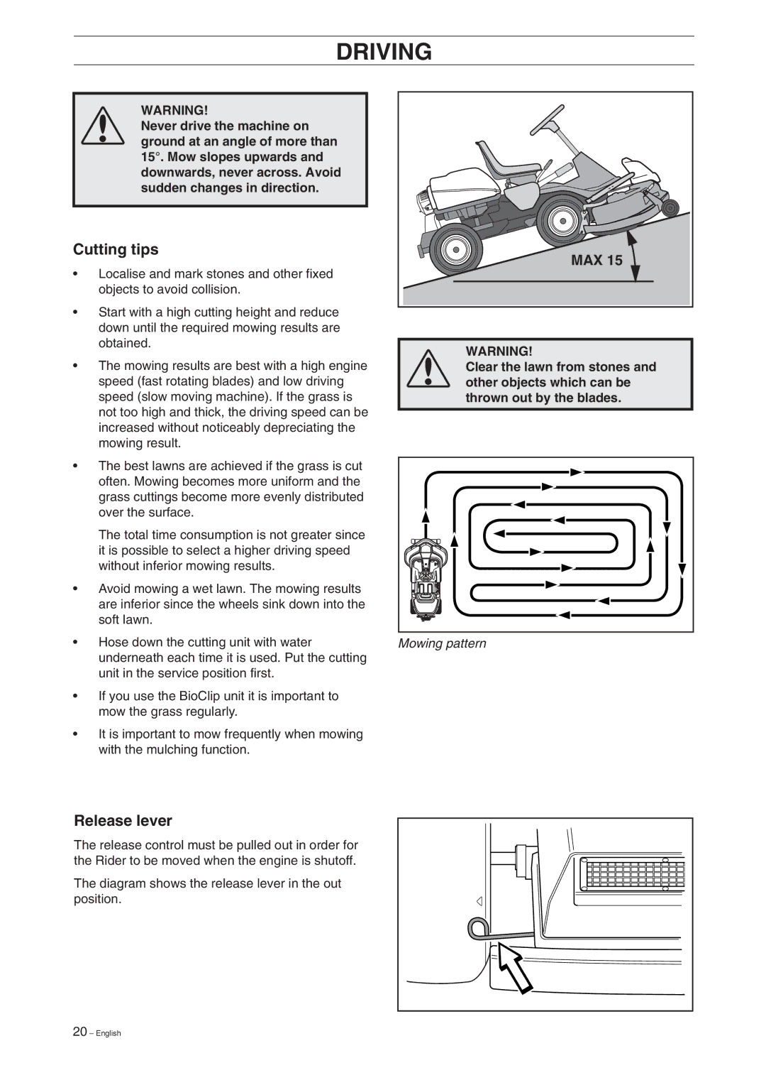 Husqvarna Pro 18 manual Driving, Cutting tips, Release lever 