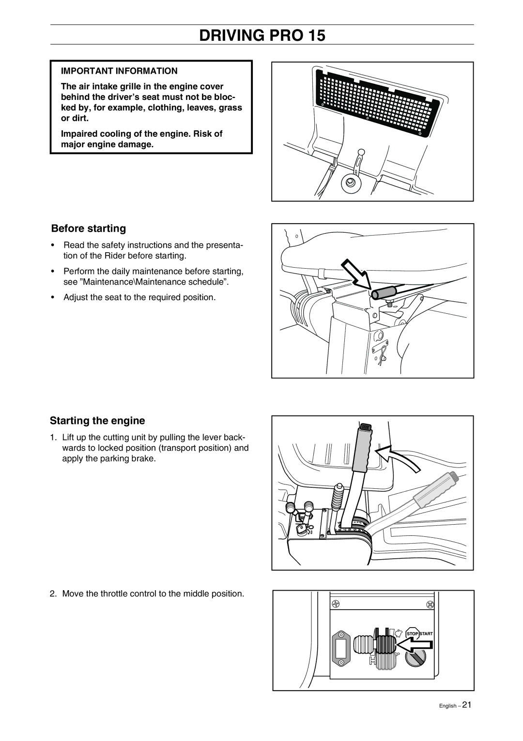 Husqvarna Pro 18 manual Driving PRO, Before starting, Starting the engine 