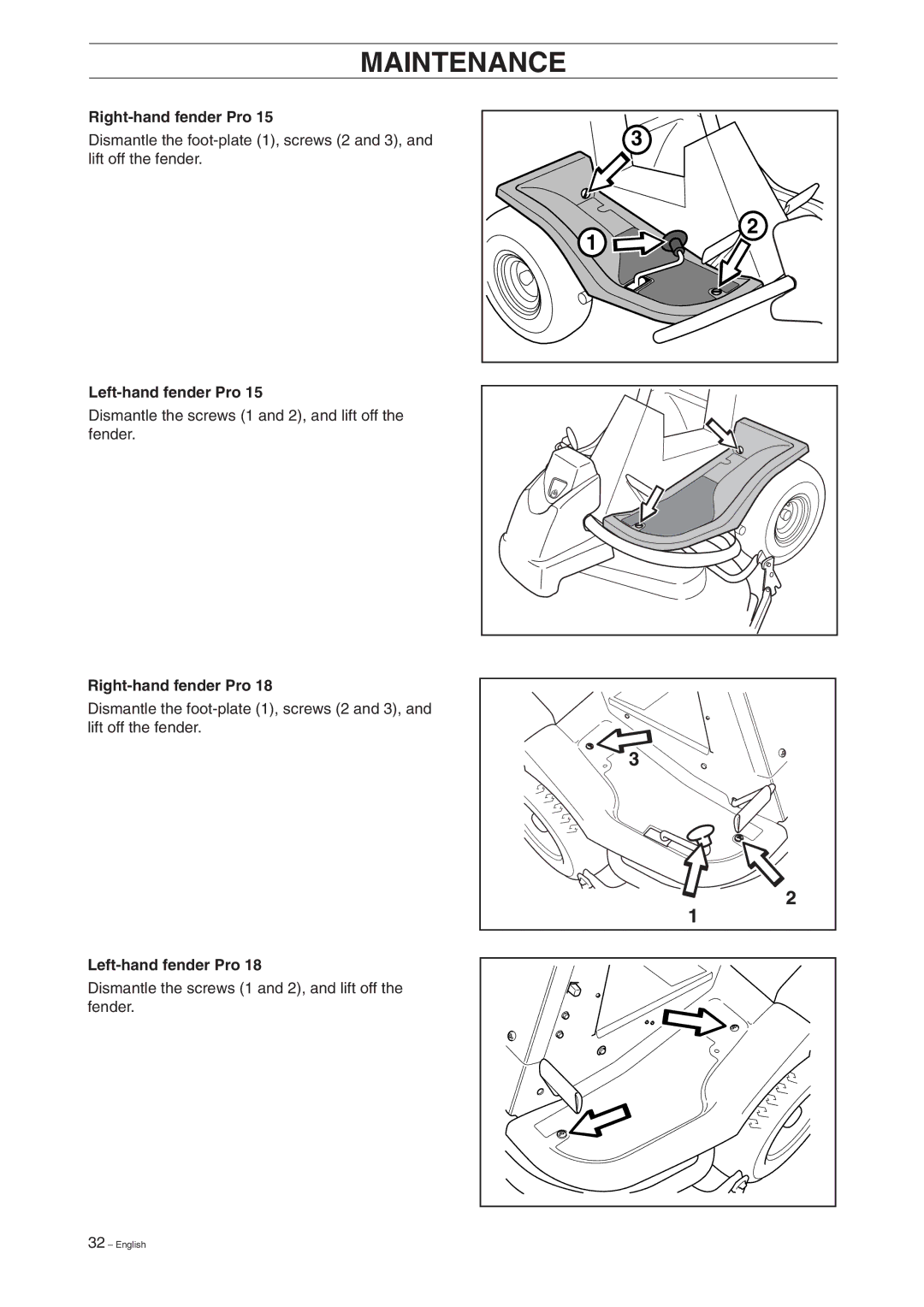 Husqvarna Pro 18 manual Right-hand fender Pro, Left-hand fender Pro 