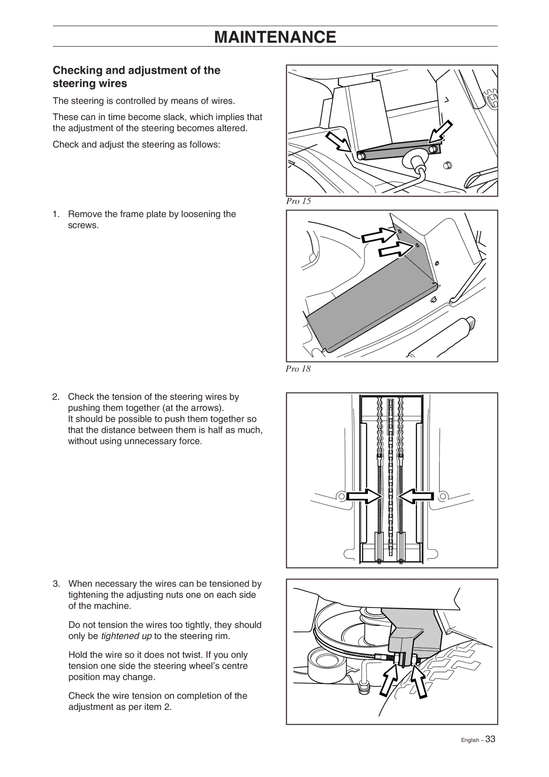 Husqvarna Pro 18 manual Checking and adjustment of the steering wires 