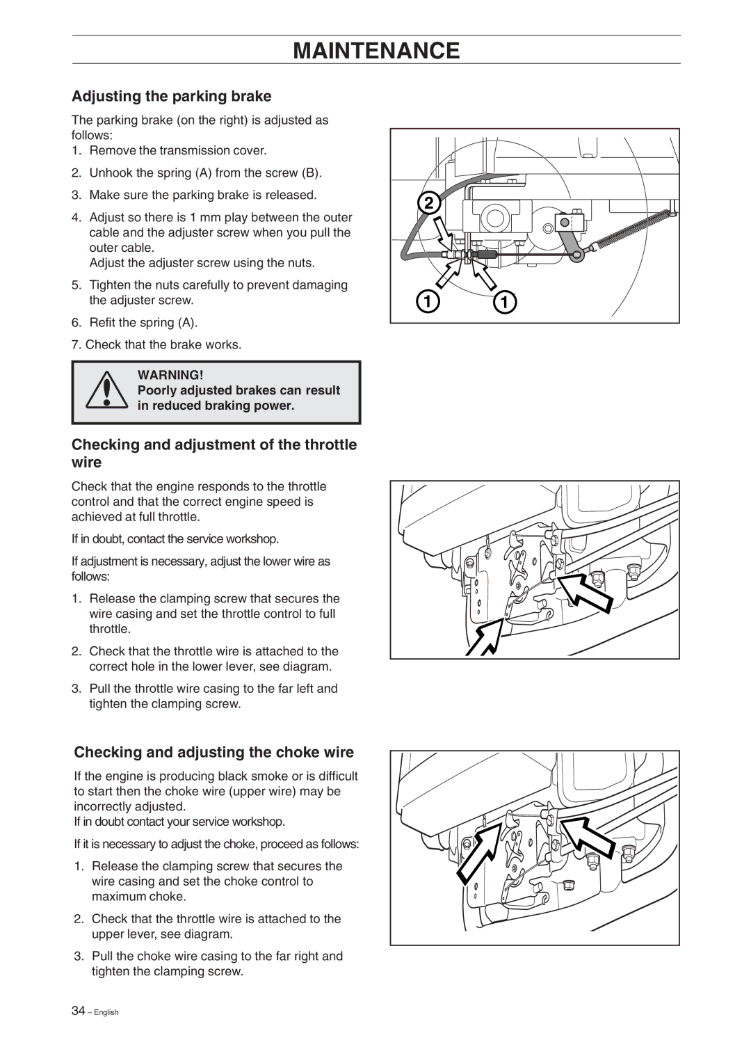 Husqvarna Pro 18 manual Adjusting the parking brake, Checking and adjustment of the throttle wire 