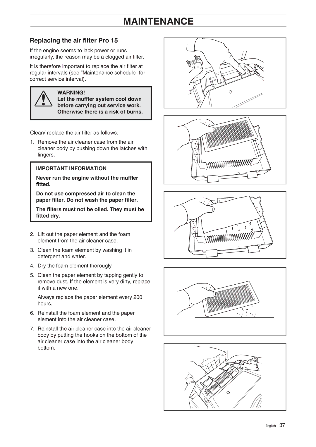 Husqvarna Pro 18 manual Replacing the air filter Pro 