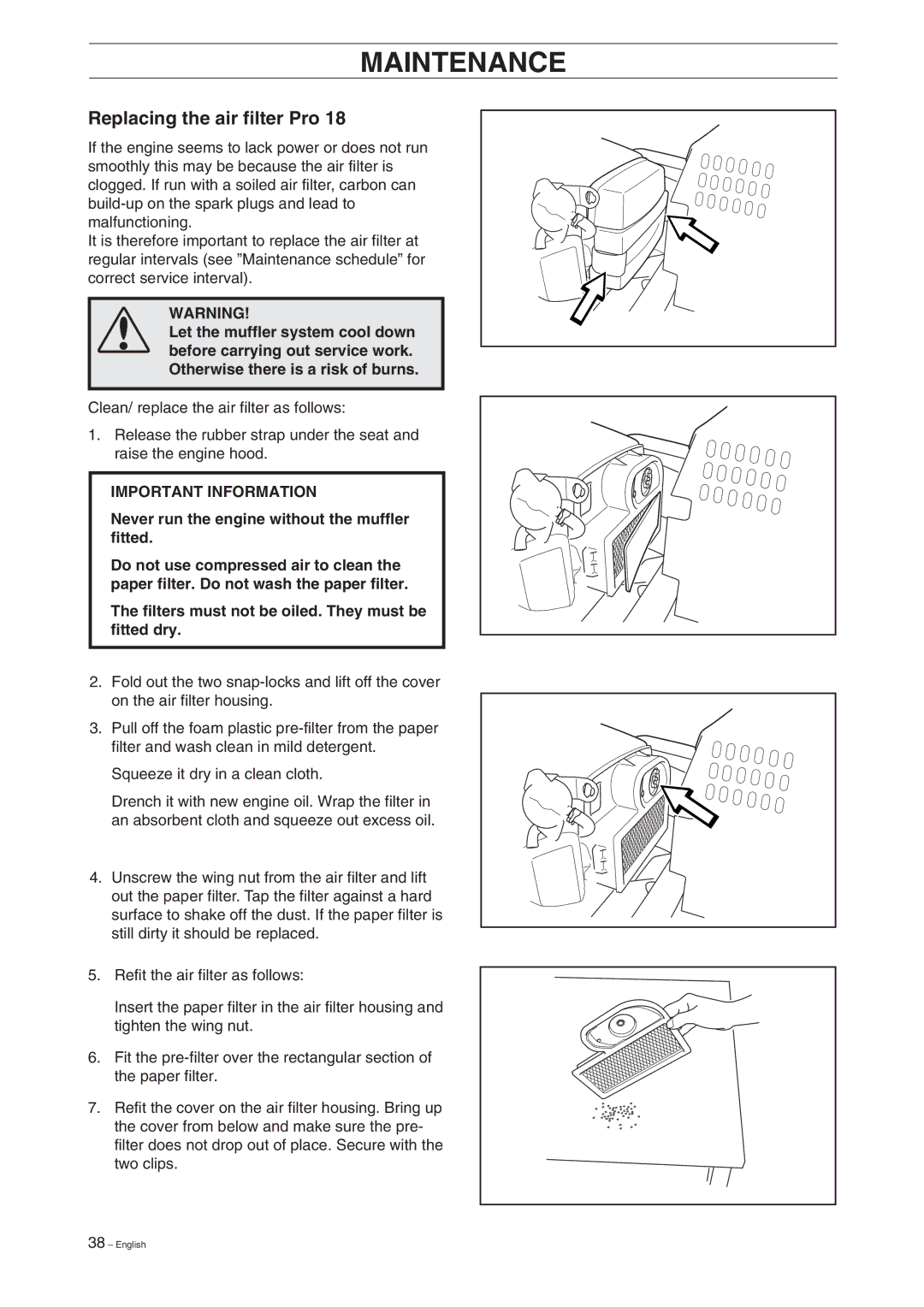 Husqvarna Pro 18 manual Maintenance 