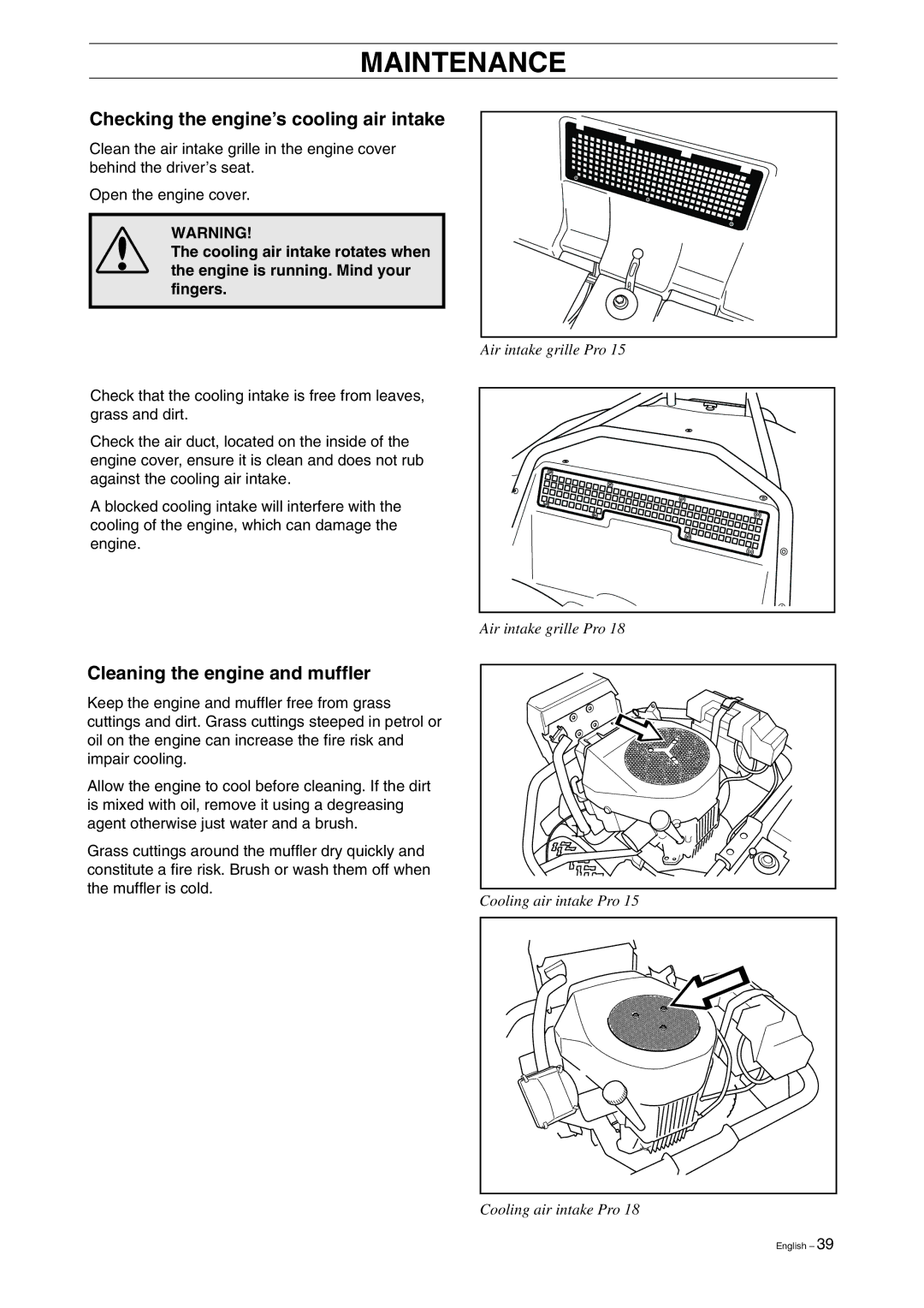 Husqvarna Pro 18 manual Checking the engine’s cooling air intake, Cleaning the engine and muffler 