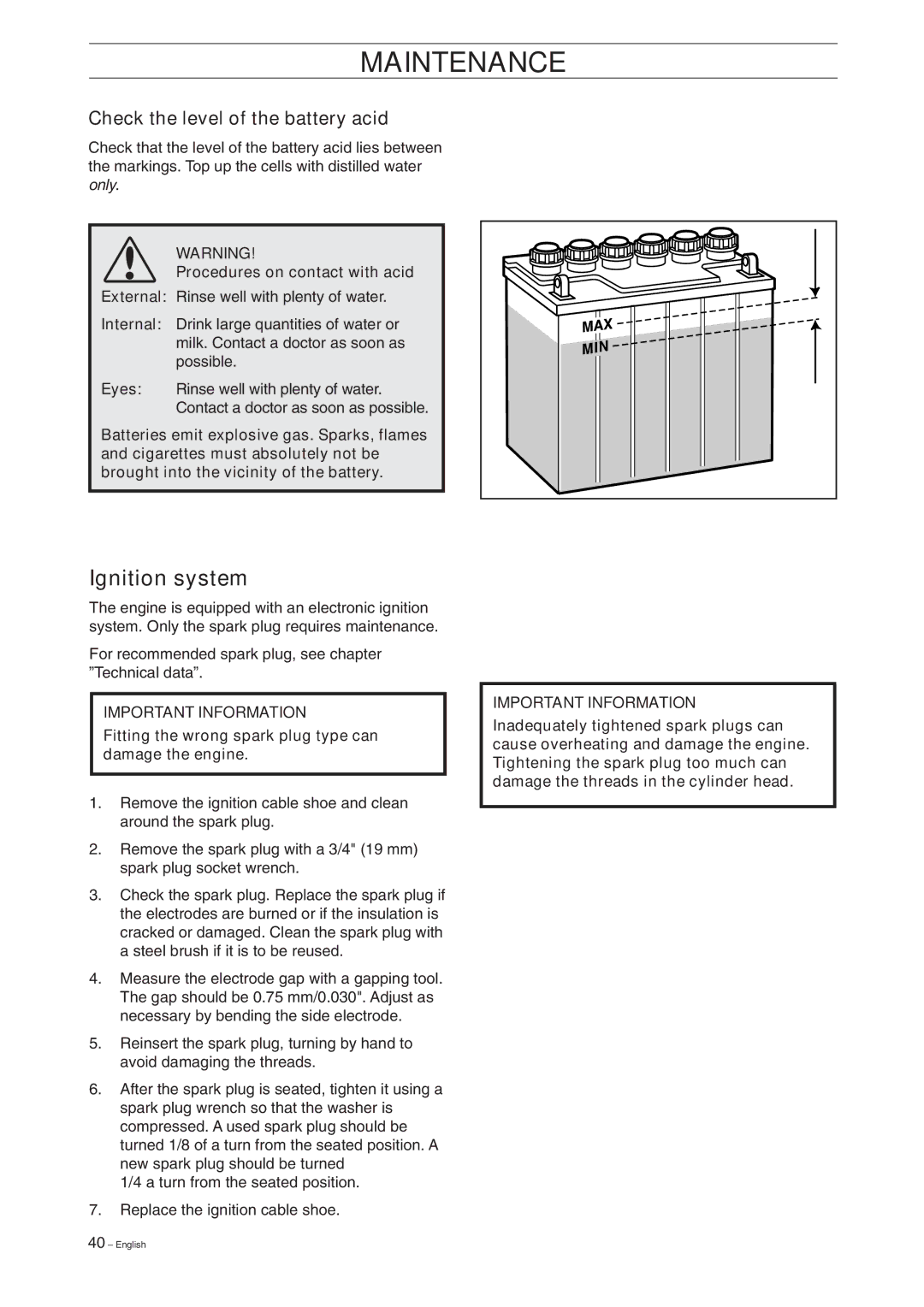 Husqvarna Pro 18 manual Check the level of the battery acid, Procedures on contact with acid 