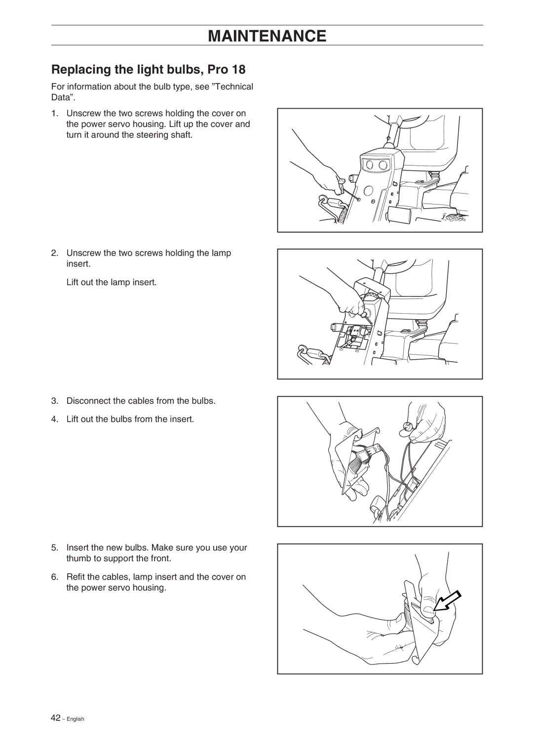 Husqvarna Pro 18 manual Replacing the light bulbs, Pro 