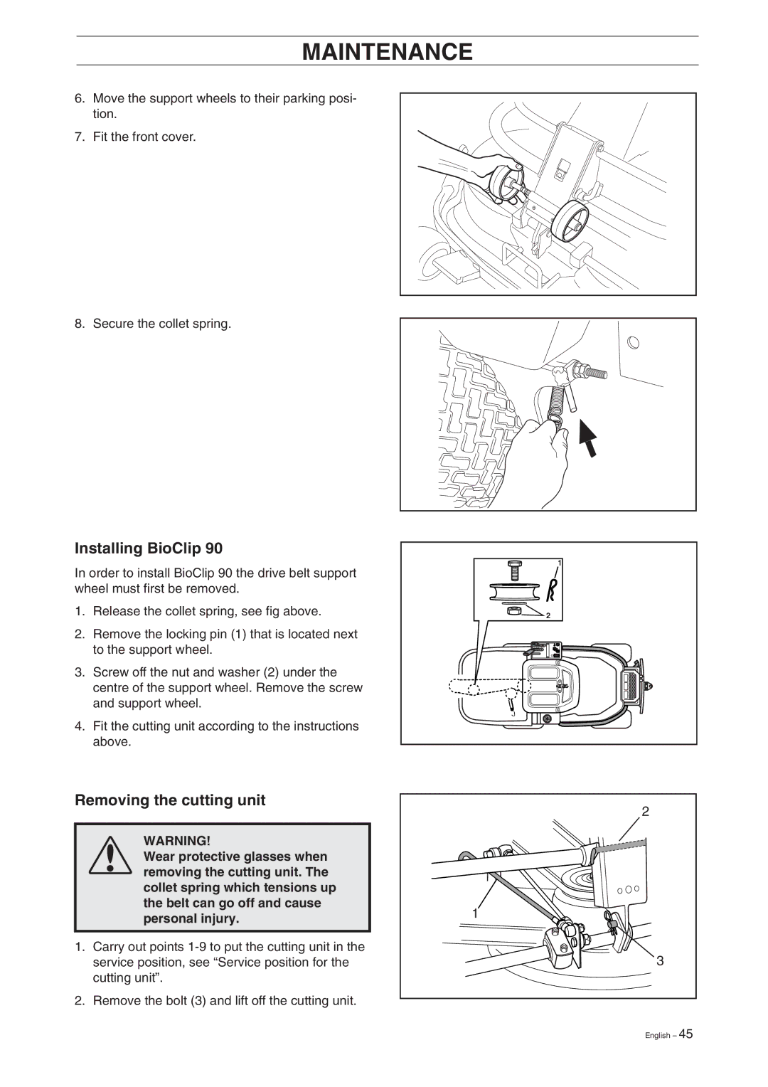 Husqvarna Pro 18 manual Installing BioClip, Removing the cutting unit 