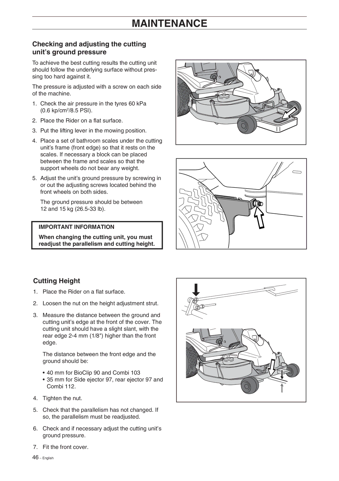 Husqvarna Pro 18 manual Checking and adjusting the cutting unit’s ground pressure, Cutting Height 