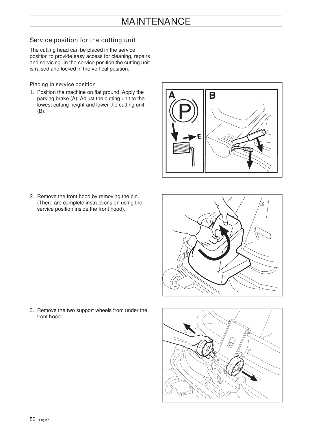 Husqvarna Pro 18 manual Service position for the cutting unit, Placing in service position 