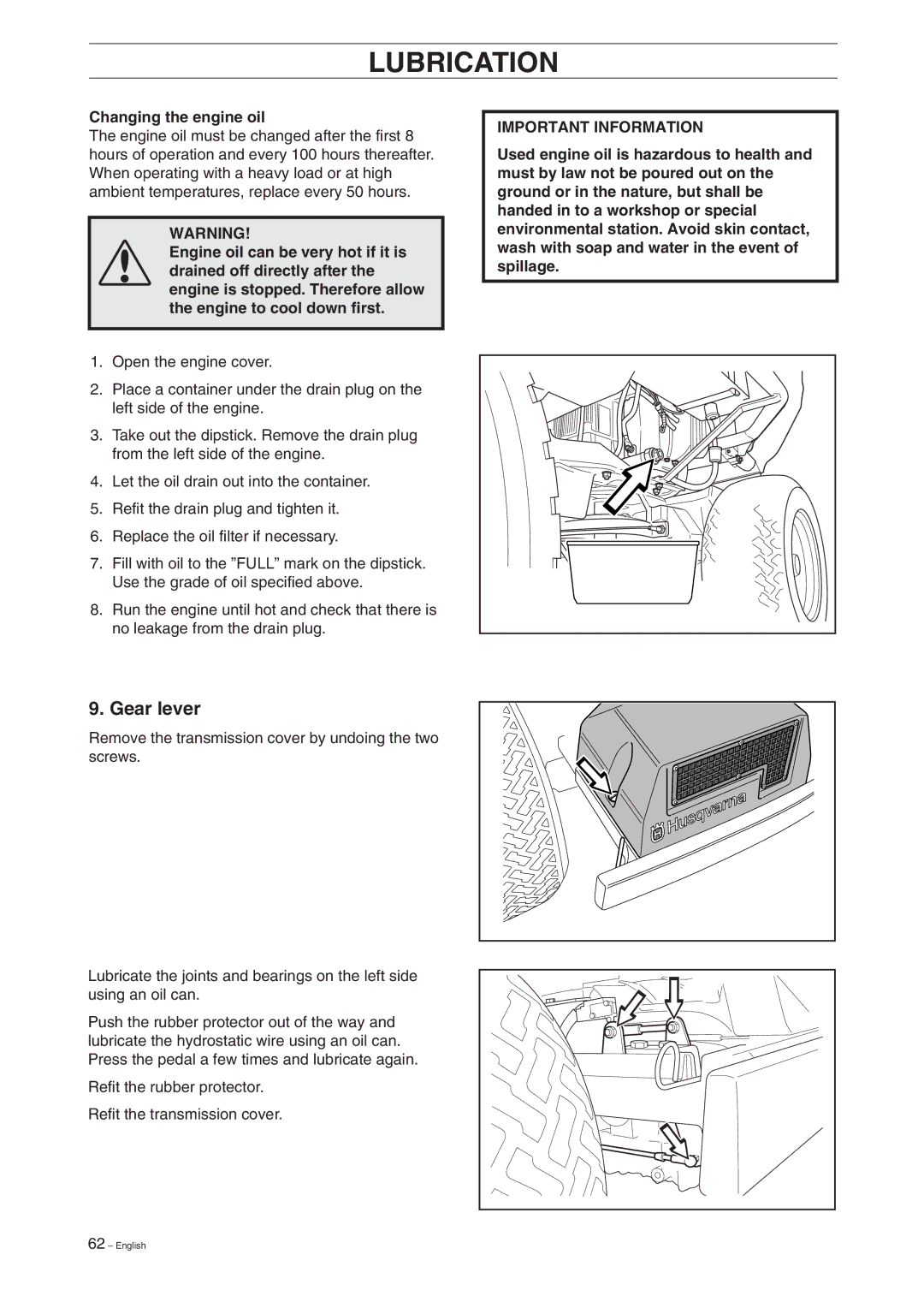 Husqvarna Pro 18 manual Gear lever, Changing the engine oil 