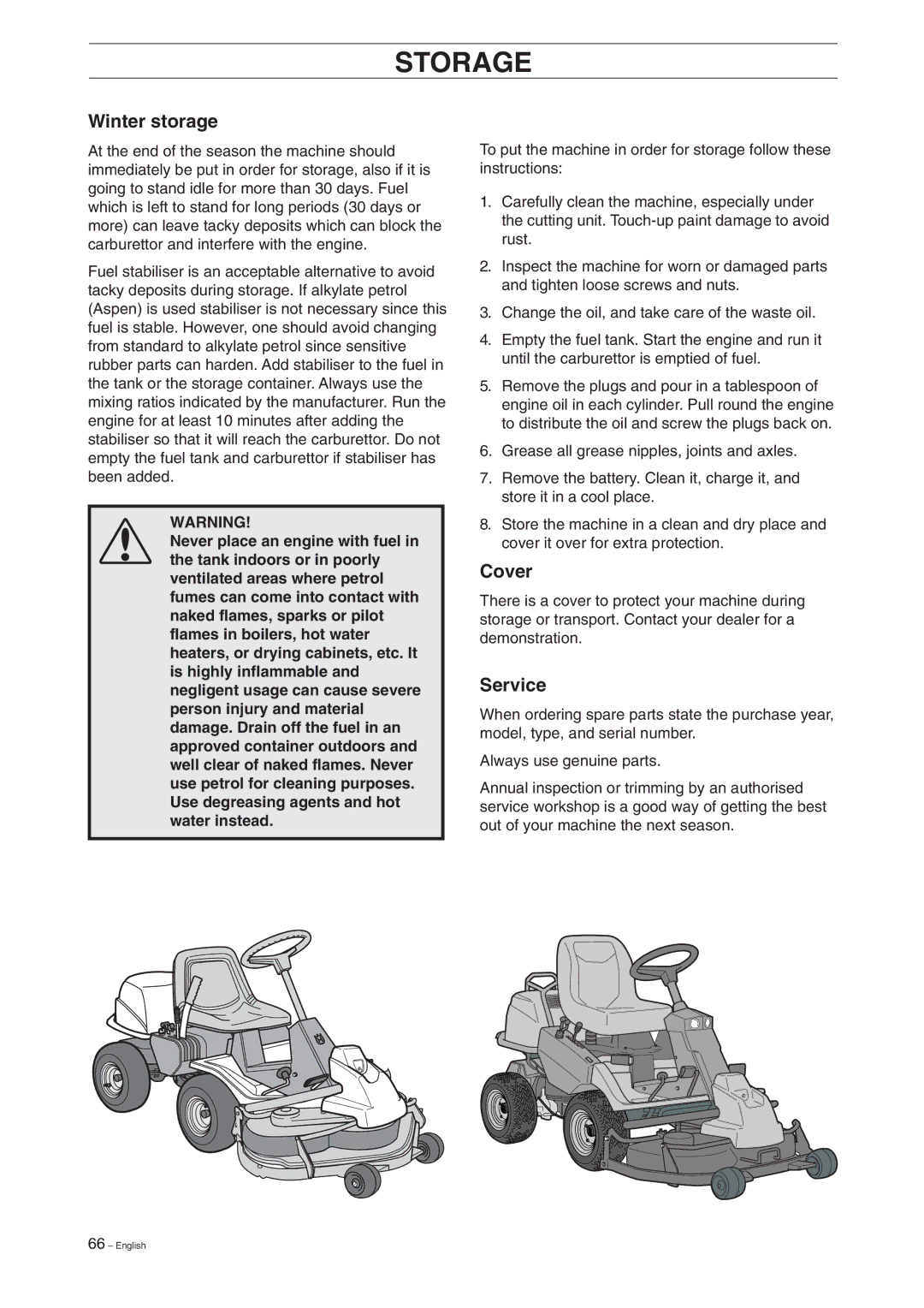 Husqvarna Pro 18 manual Storage, Winter storage, Cover, Service 