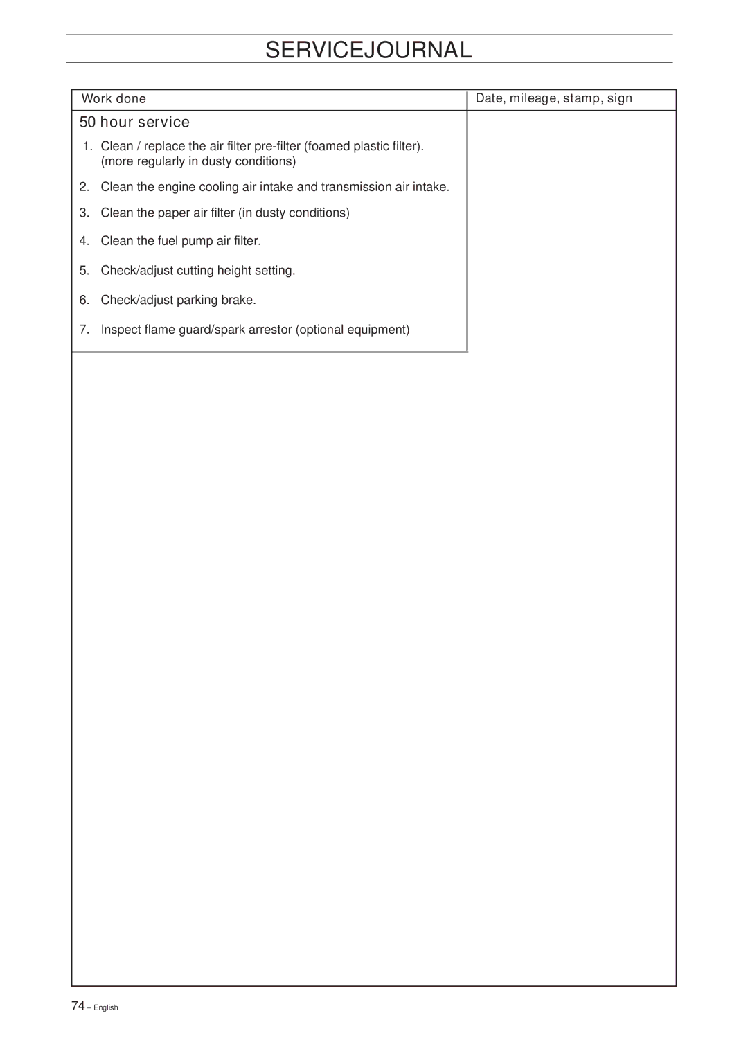 Husqvarna Pro 18 manual Servicejournal 