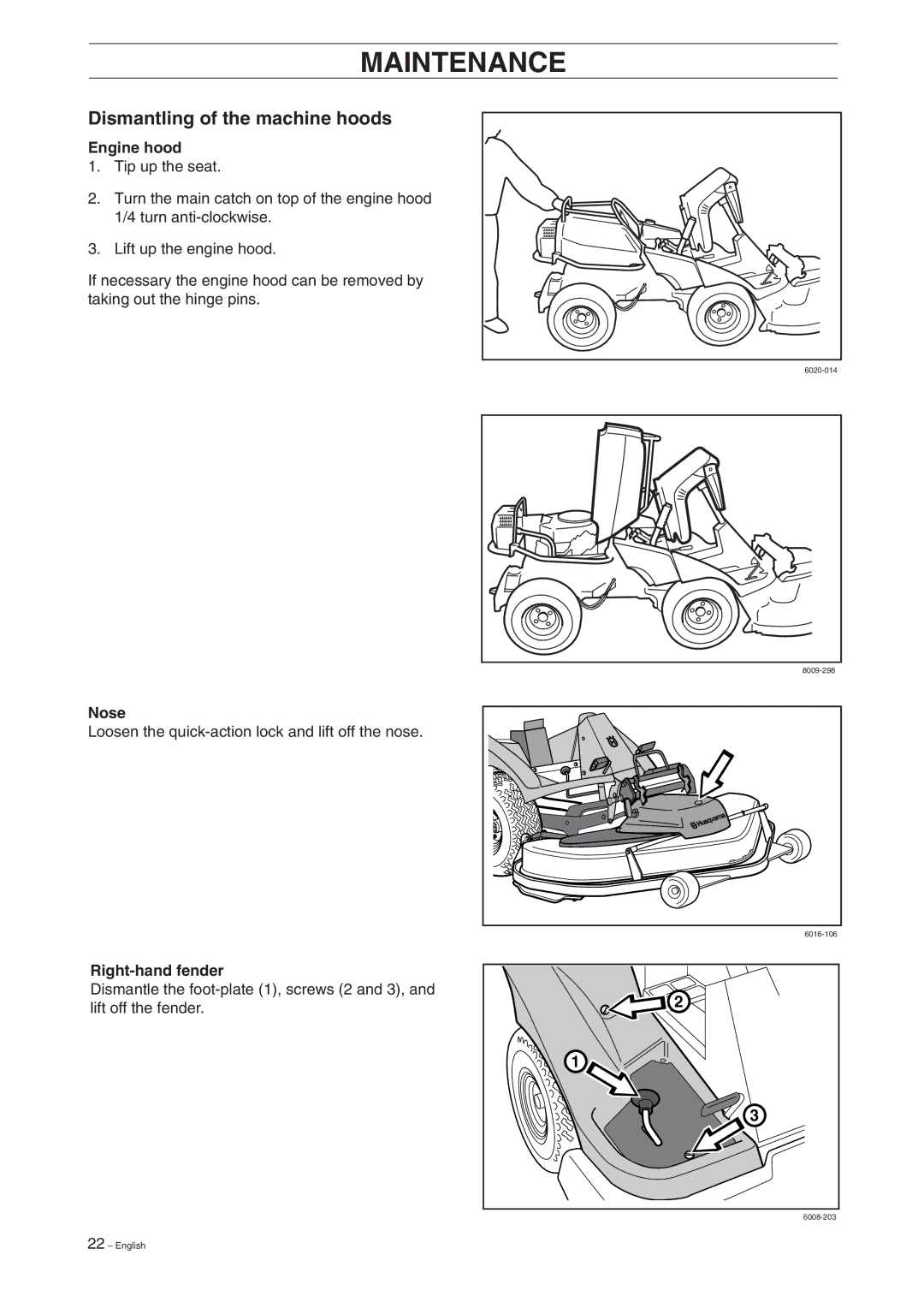 Husqvarna ProFlex 18 manual Dismantling of the machine hoods, Engine hood, Nose, Right-hand fender 