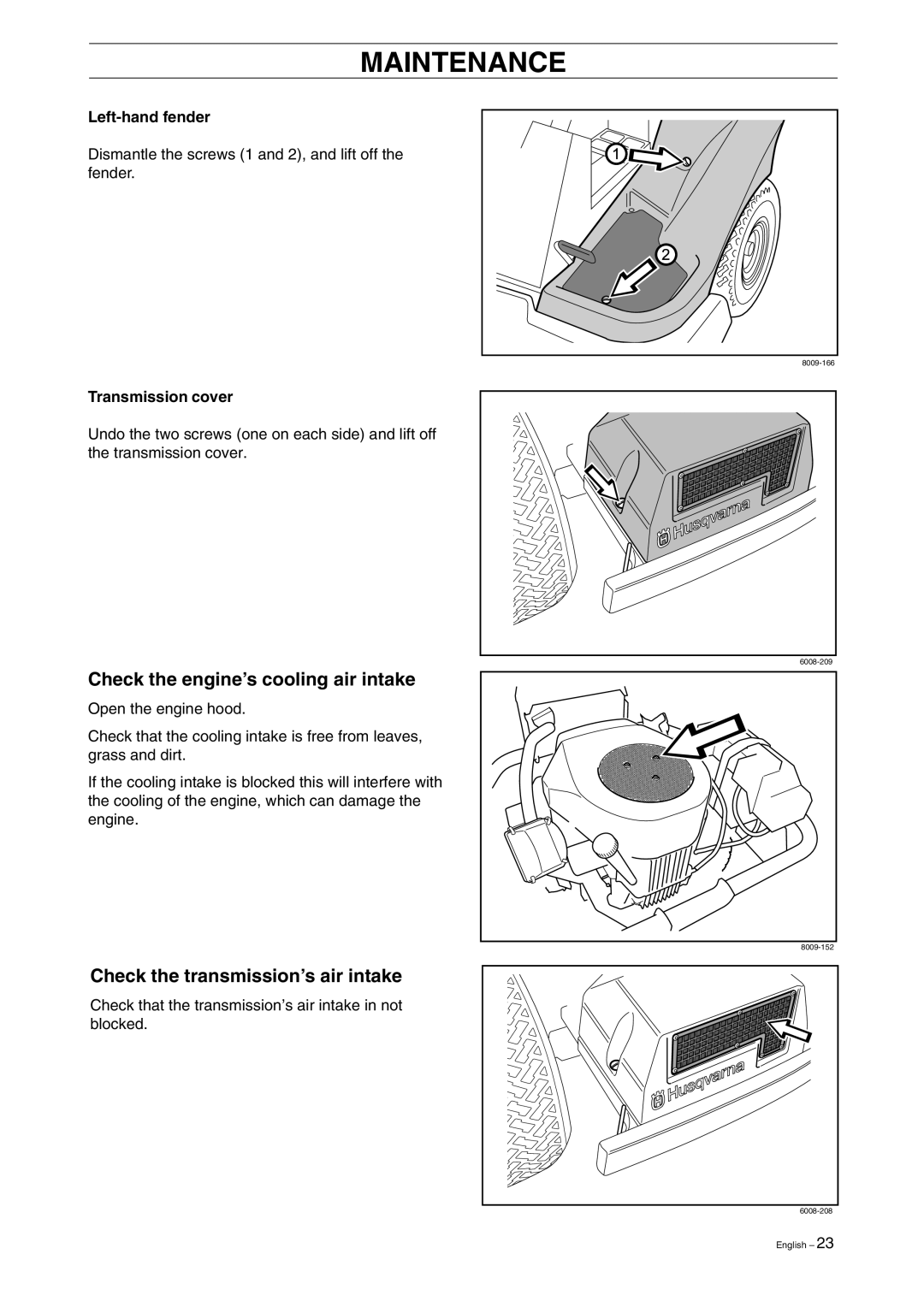 Husqvarna ProFlex 18 manual Check the engine’s cooling air intake, Check the transmission’s air intake, Left-hand fender 