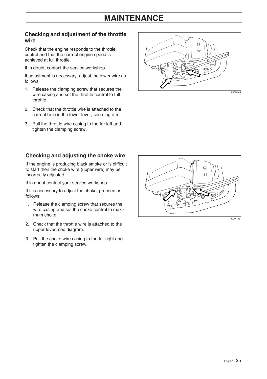 Husqvarna ProFlex 18 manual Checking and adjustment of the throttle wire, Checking and adjusting the choke wire 