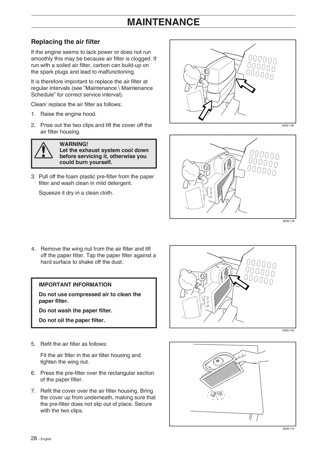 Husqvarna ProFlex 18 manual Replacing the air filter 