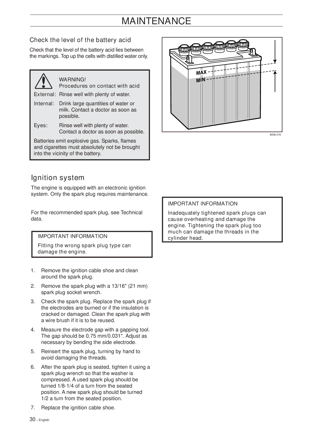 Husqvarna ProFlex 18 manual Check the level of the battery acid, Procedures on contact with acid 