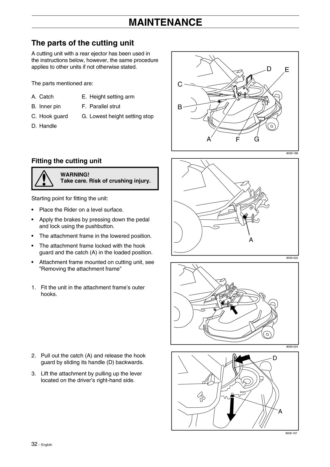 Husqvarna ProFlex 18 manual Fitting the cutting unit, Take care. Risk of crushing injury 