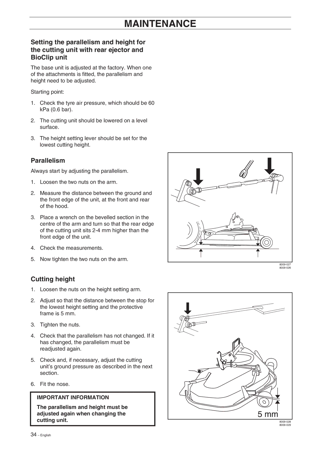 Husqvarna ProFlex 18 manual Parallelism, Cutting height 