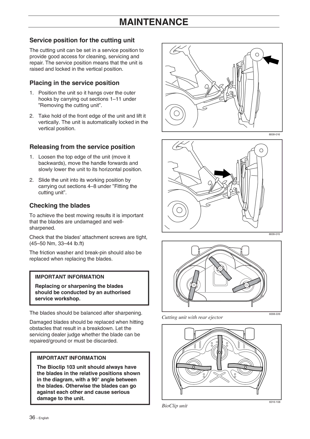 Husqvarna ProFlex 18 manual Service position for the cutting unit, Placing in the service position, Checking the blades 