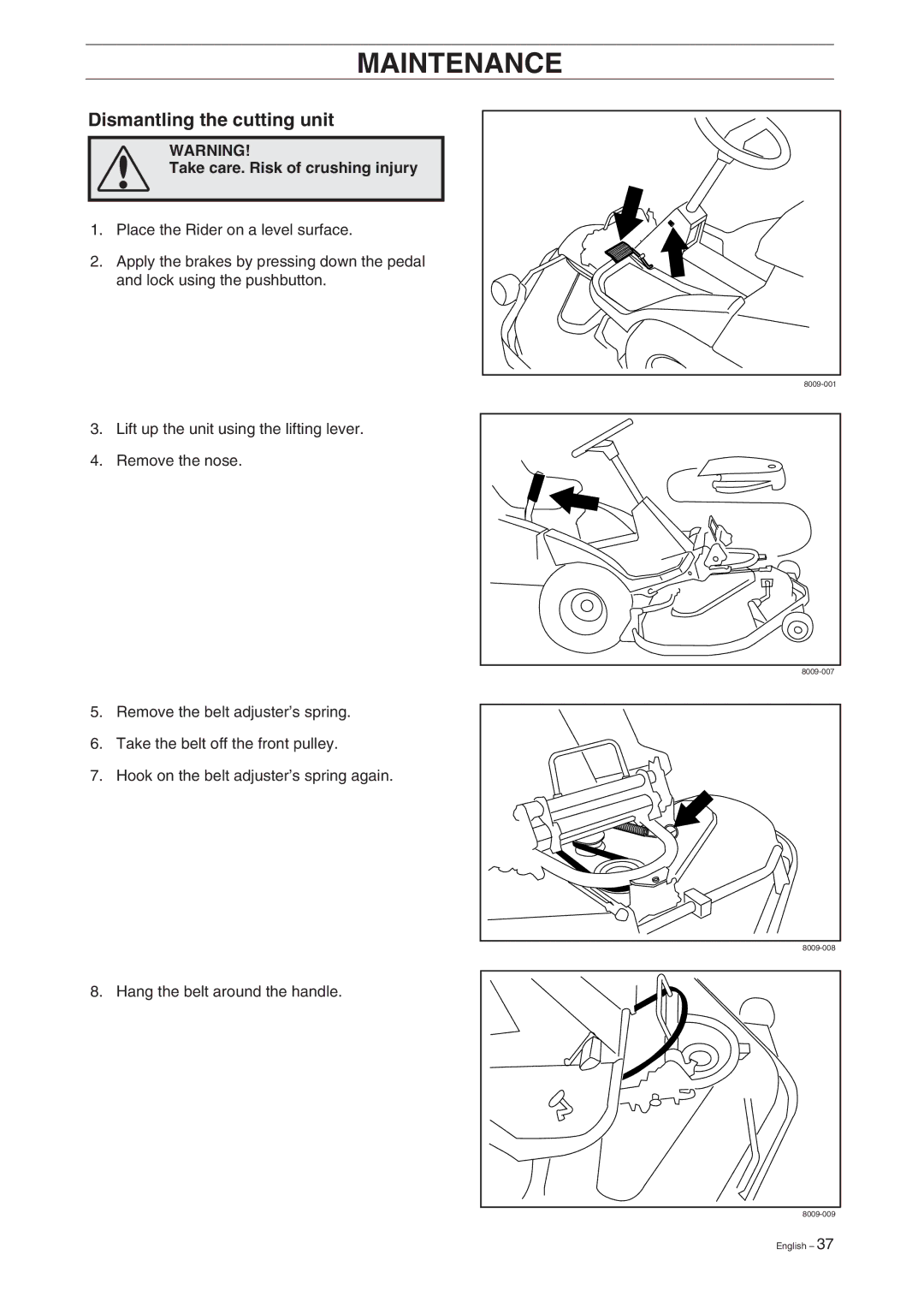 Husqvarna ProFlex 18 manual Dismantling the cutting unit, Take care. Risk of crushing injury 