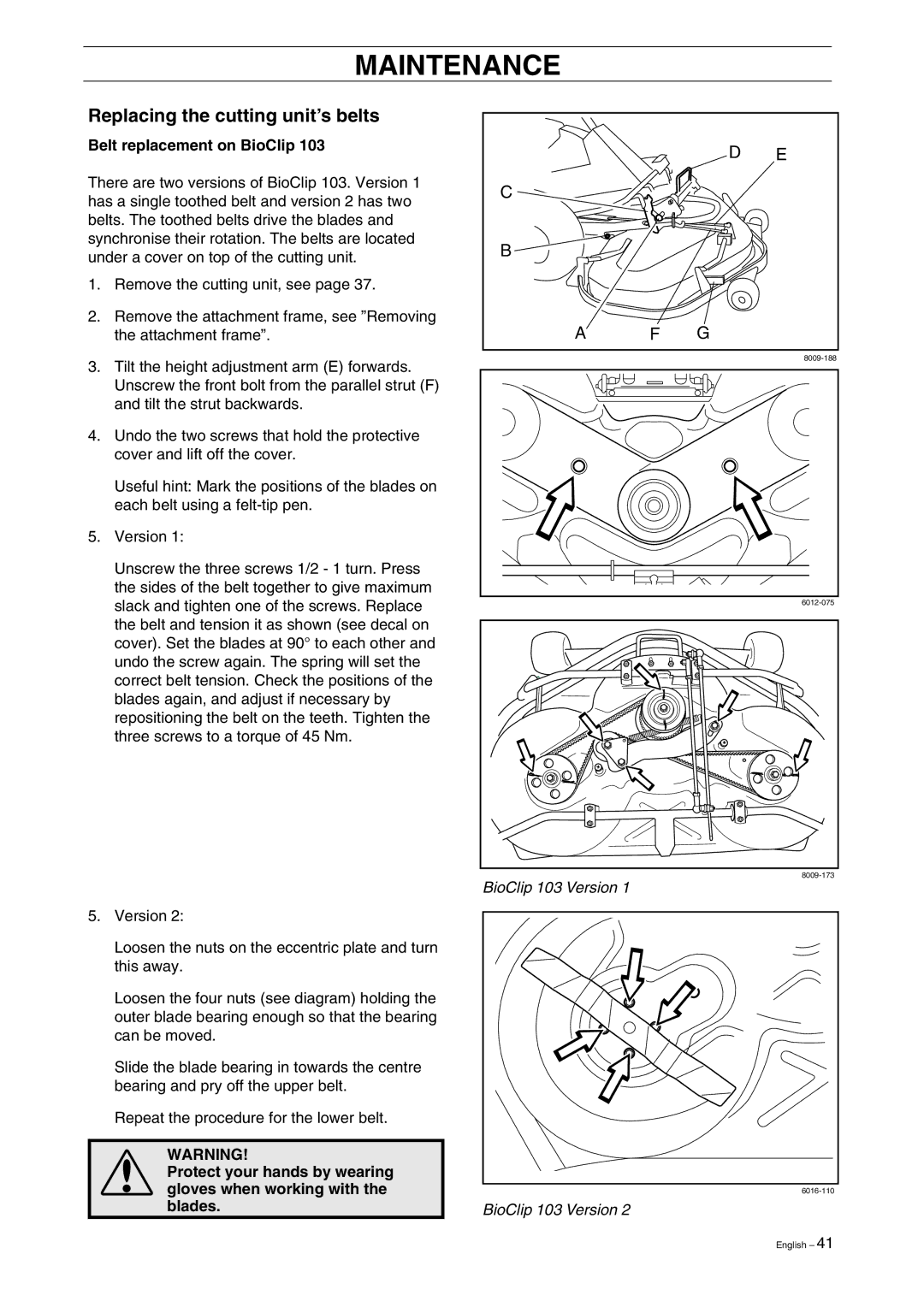 Husqvarna ProFlex 18 manual Replacing the cutting unit’s belts, Belt replacement on BioClip 