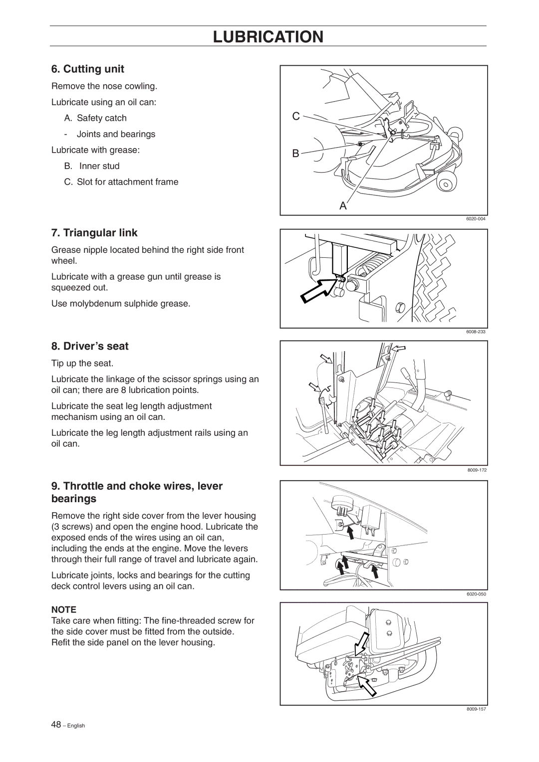 Husqvarna ProFlex 18 manual Triangular link, Driver’s seat, Throttle and choke wires, lever bearings 