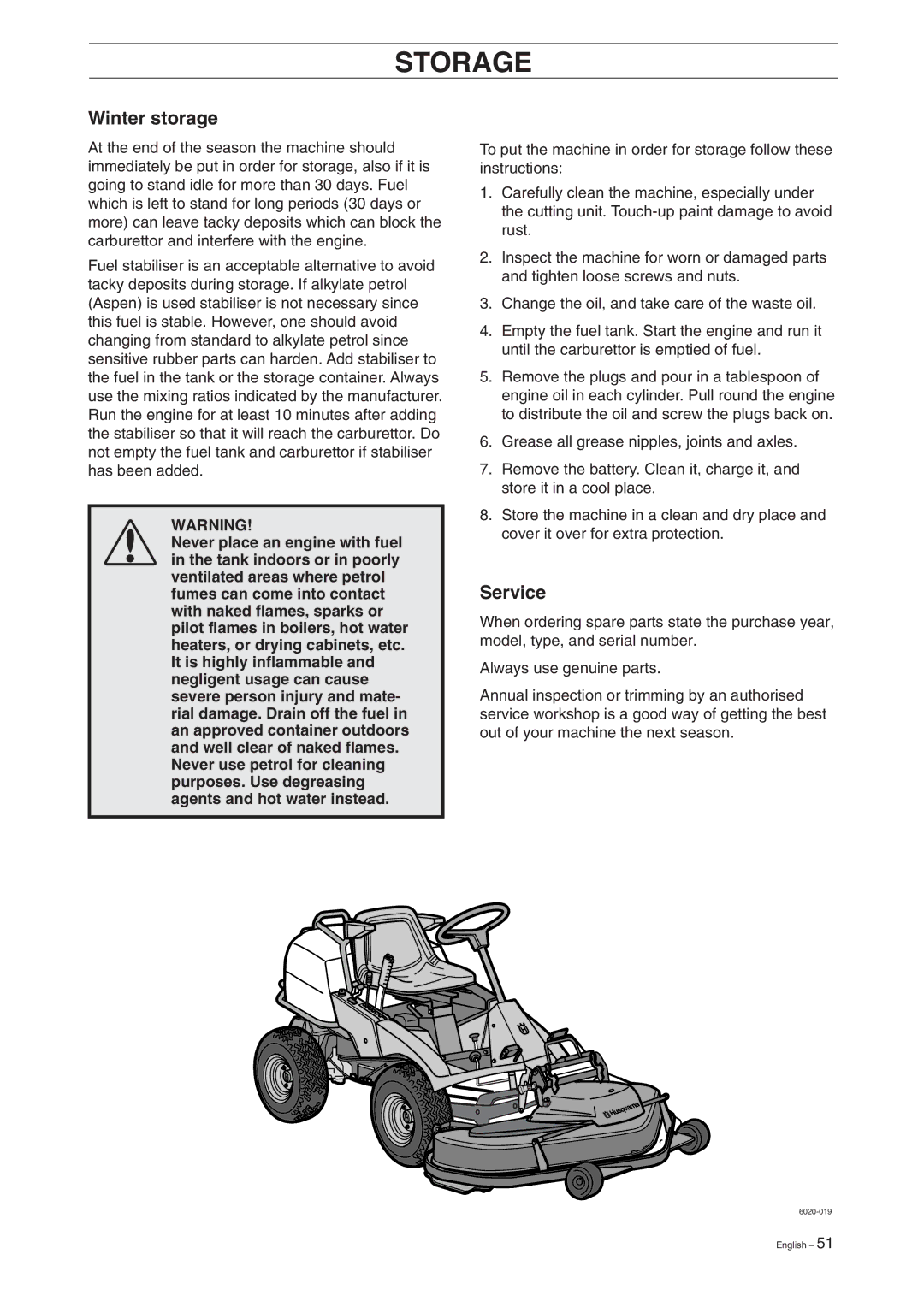 Husqvarna ProFlex 18 manual Storage, Winter storage, Service 