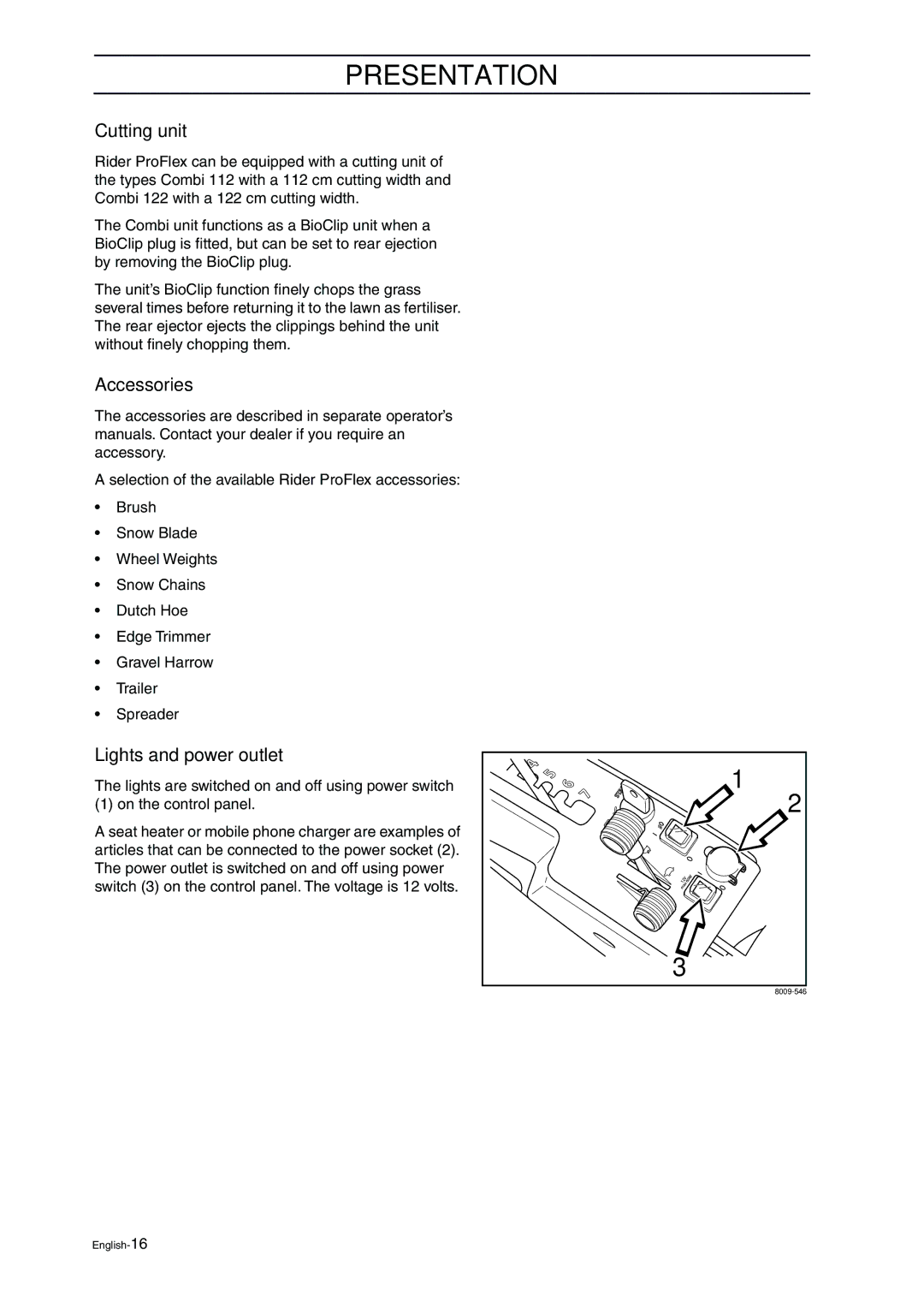 Husqvarna ProFlex 21 manual Cutting unit, Accessories, Lights and power outlet 