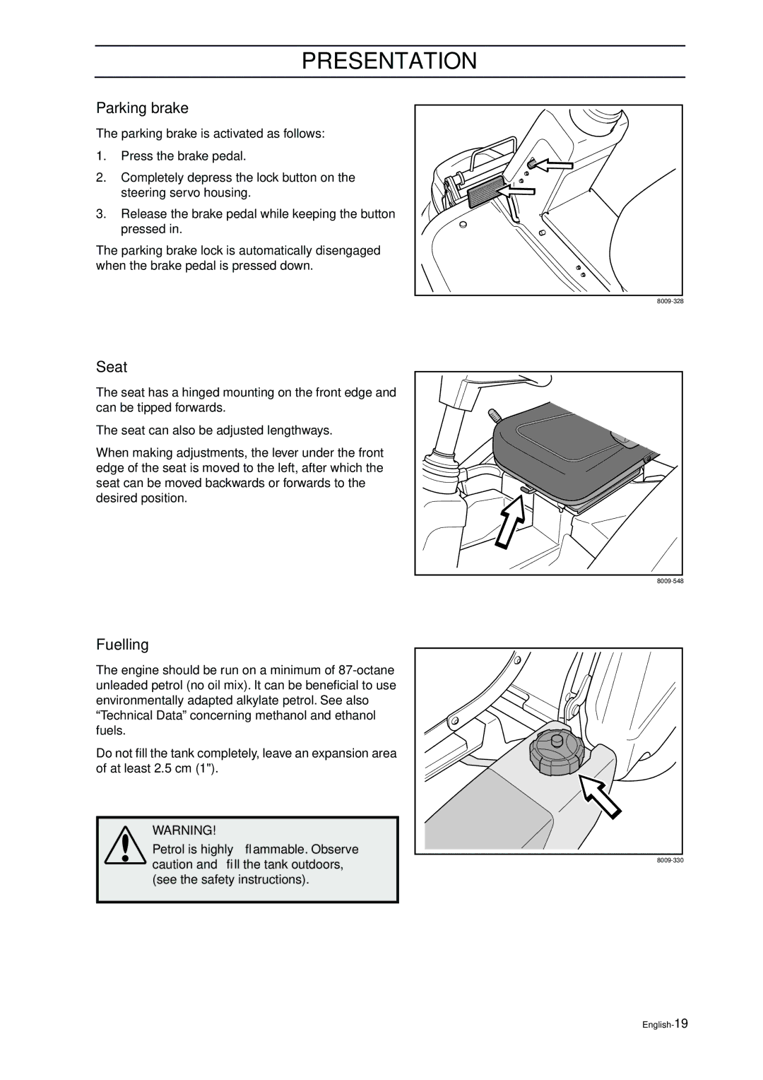 Husqvarna ProFlex 21 manual Parking brake, Seat, Fuelling 