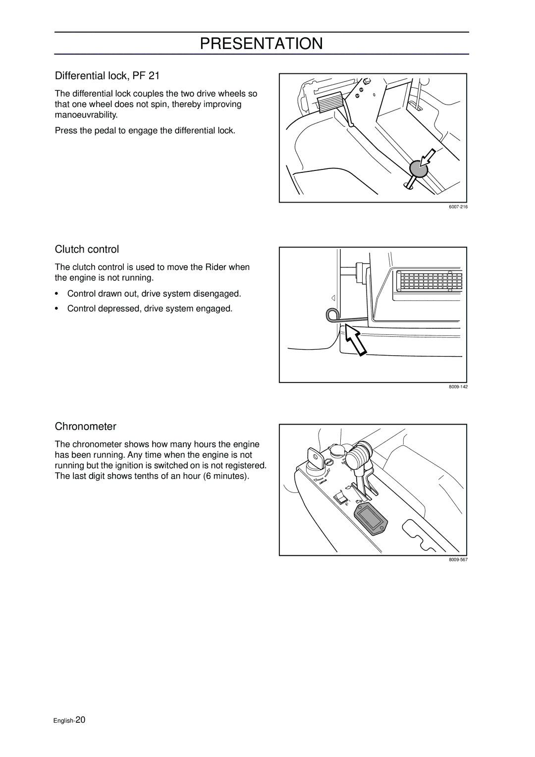 Husqvarna ProFlex 21 manual Differential lock, PF, Clutch control, Chronometer 