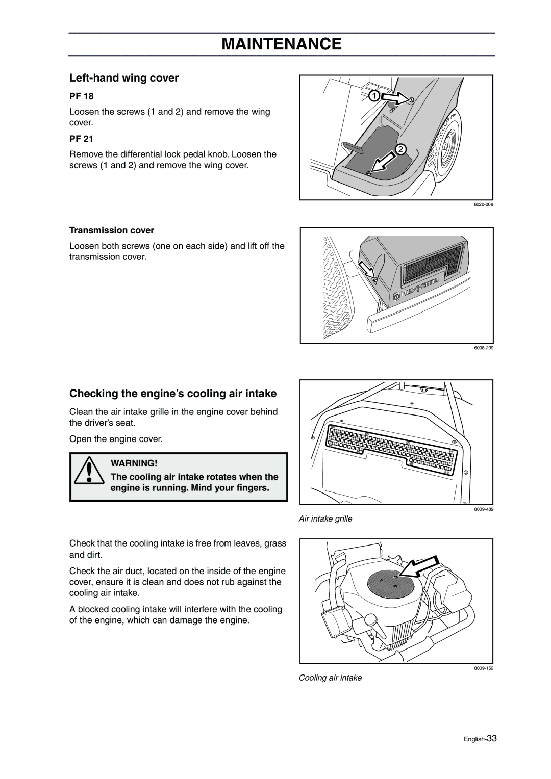 Husqvarna ProFlex 21 manual Left-hand wing cover, Checking the engine’s cooling air intake, Transmission cover 