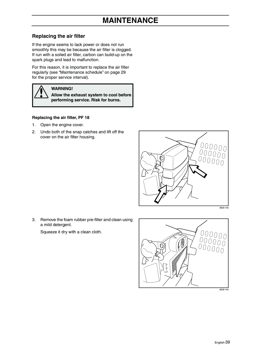 Husqvarna ProFlex 21 manual Replacing the air ﬁlter, PF 